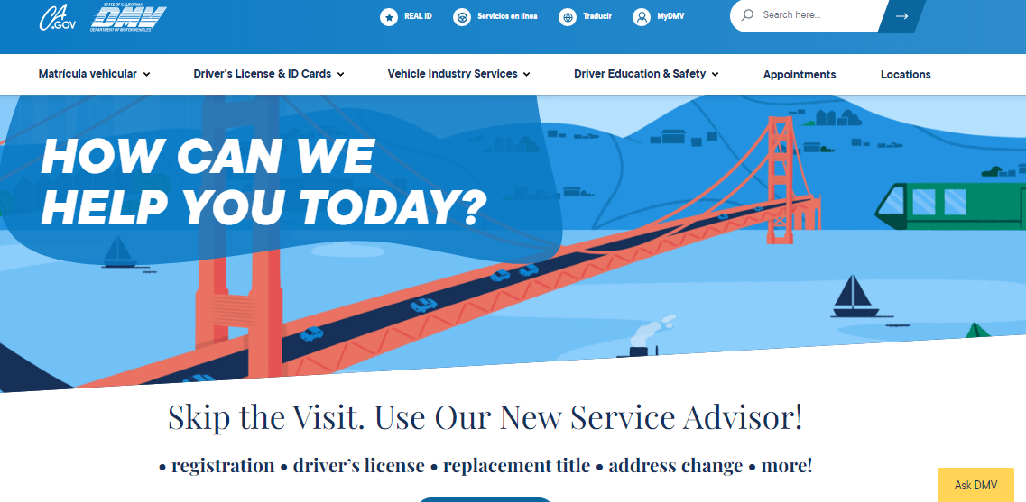 página web del DMV de California